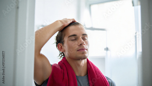 Athlete practicing mindful recovery by taking a quiet moment of mental clarity and focusing on the physical sensation of water after intense physical training.