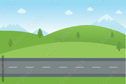 Cartoon landscape featuring green hills mountains and a road