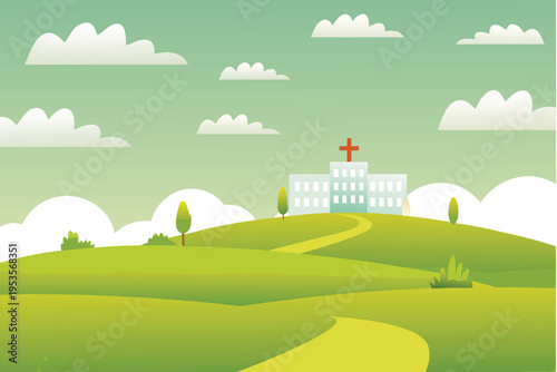 A tranquil landscape featuring a hospital building on a green hill