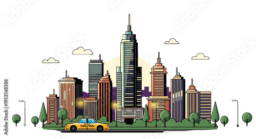 A city skyline with a yellow taxi cab isolated on transparent background, Vector