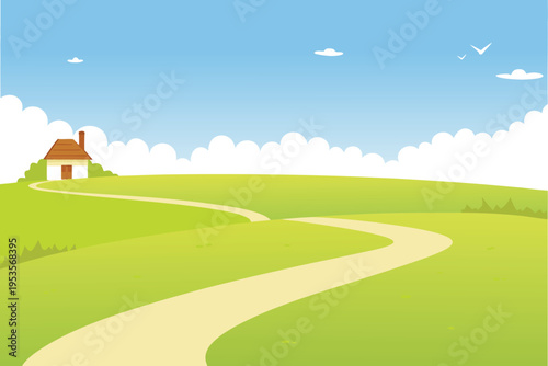 A quaint cottage sits beside a winding path and blue sky