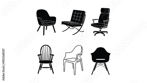Chairs silhouette vetor set Modern Black and Wooden Chair Lineup with Varied Contemporary Seating