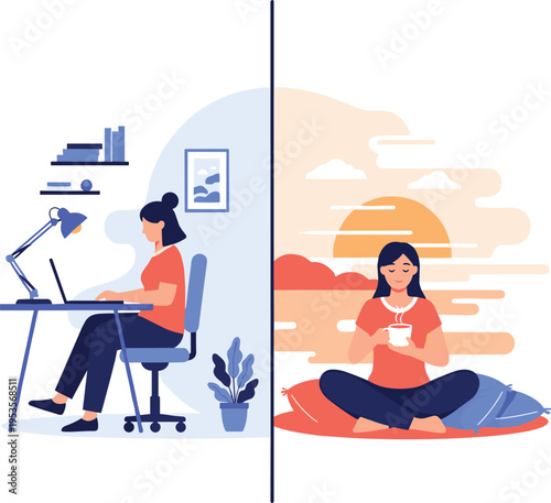 Work from home lifestyle balance concept with woman working on laptop and meditating, productivity and mental wellness flat vector illustration