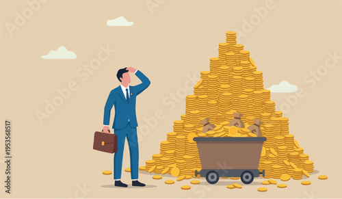 Success to thie vestor, rich man making money from business or investment,mountain peak income and revenue, budget, saving or profit concept,to rich and to successful businessman with load of money