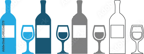 Vector collection of stylized wine bottles and glasses in various vector art styles with wine bottle