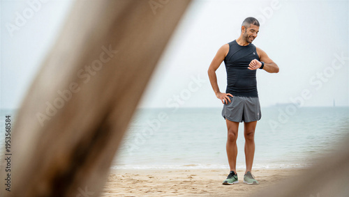 Dedicated amateur runner feeling quiet satisfaction while analyzing heart rate recovery metrics during a solitary coastal cool-down.