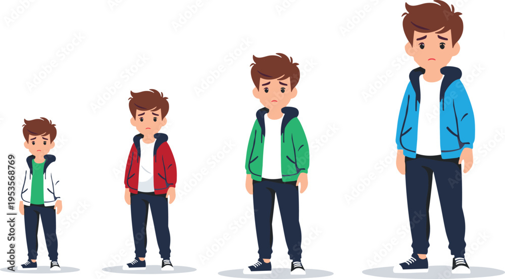 Obraz premium Growing Boy Stages Cartoon Vector Illustration Showing Child Development from Kid to Teen with Different Ages Growth Progress Character Design Set