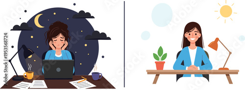 Work life balance concept with woman working late night and productive daytime routine, stress versus healthy lifestyle flat vector illustration