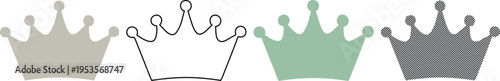 Vector crown icons in multiple styles: solid, outline, patterned vector art