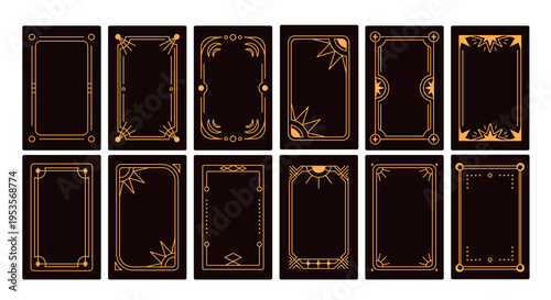 Tarot card frames, magic decorative borders. Taro back, reverse side designs set. Gold line corners with celestial mystic esoteric occult symbols and signs, sun, star. Flat vector illustrations