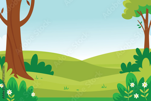 Cartoon landscape with trees rolling hills and a blue sky