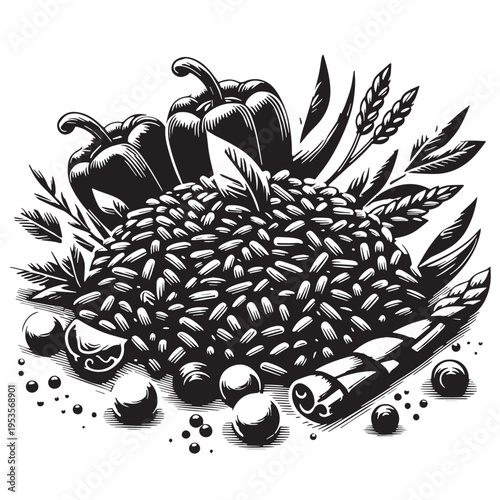 Black Risotto Primavera Silhouette Vector, High Quality Illustration on White Background