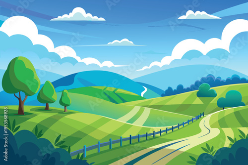 Rolling green hills and a winding path under a blue sky