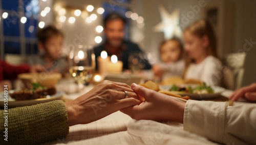 Parents sharing a silent moment of mutual grounding by clasping hands in the foreground during a lively extended family holiday dinner.