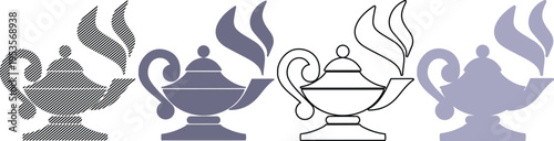 Vector set of four glowing magic lamps in different styles: sketch, flat, outline, silhouette, magic lamp