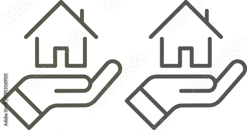 Vector stylized hand presenting house icon in outline and hatching styles for property services with real estate