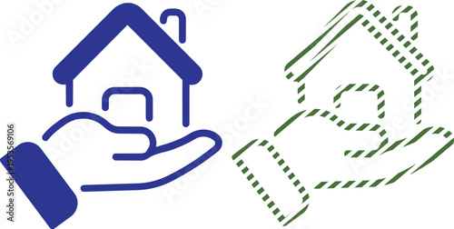Vector hand holding house icon set in solid blue and green outline styles for real estate