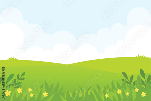 A simple cartoon landscape with green hills and a blue sky