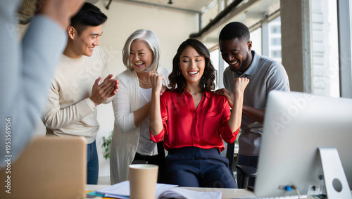 Overwhelmed female project lead clenching fists in pure emotional relief after a career-defining breakthrough, anchored by the physical support of her cheering cross-generational team.