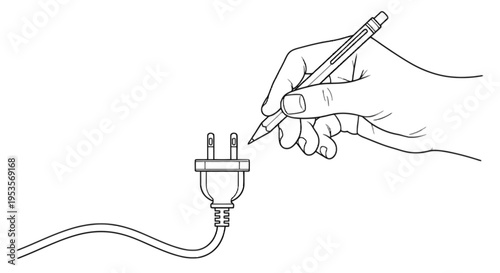A hand drawing a plug with a pencil isolated on transparent background, Vector