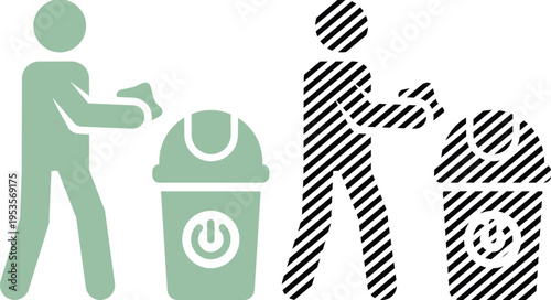 Vector person throwing trash in bin icon set in solid and hatching styles for recycling