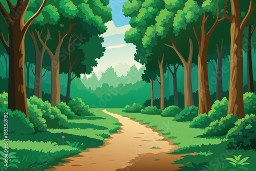 A winding path leads through a vibrant lush forest scene