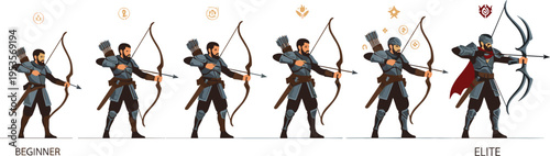 Archer progression stages from beginner to elite with upgraded armor weapons and skills, character evolution set flat vector illustration