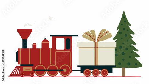 A festive red toy train carries a large gift past a fir tree
