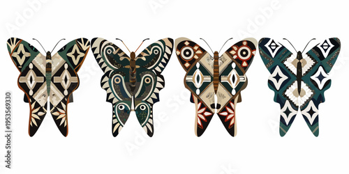 Four decorative butterflies arranged in a horizontal line showcasing unique patterns