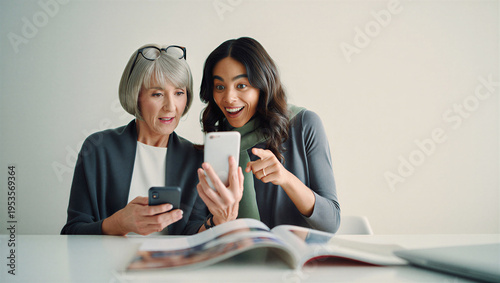 Younger female founder shocking her senior mentor with an unexpected breakthrough project win on a smartphone screen.