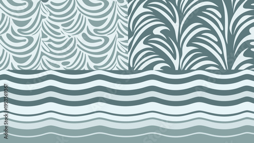 Abstract wave patterns in shades of blue and teal create a design