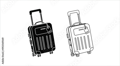 Vector illustration set showcasing two different styles of rolling travel luggage featuring retractable handles and attached identification tags