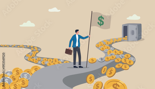 Cash flow, investment fund flow, fund raising, bank loan financial activity making money profit concept, Businessman leader investor holding flag control flow money Dollar coins