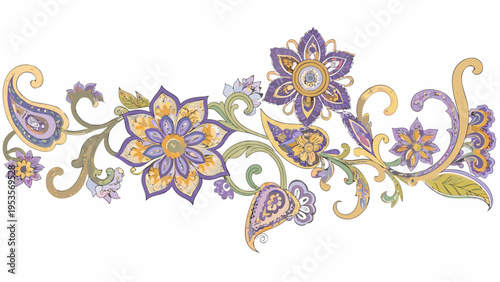 Intricate floral design featuring paisley and blossoming flowers in purple tones