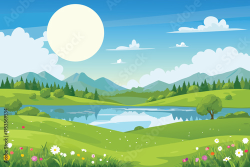 A vibrant cartoon landscape featuring mountains a lake and flowers
