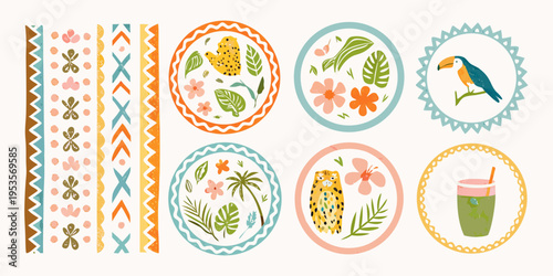 Tropical themed illustrations featuring plants animals and decorative shapes