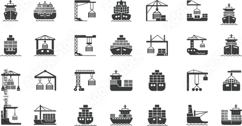 Cargo ship and port crane logistics icons set container shipping maritime transport harbor industry silhouette vector illustration collection