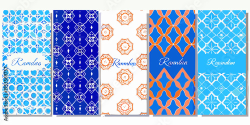 Six vertical banners with ornate islamic patterns and ramadan greetings