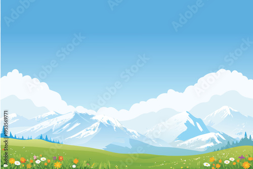 Scenic mountain landscape with vibrant green fields and blue sky