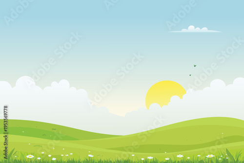 Bright sunny landscape with rolling green hills and blue sky