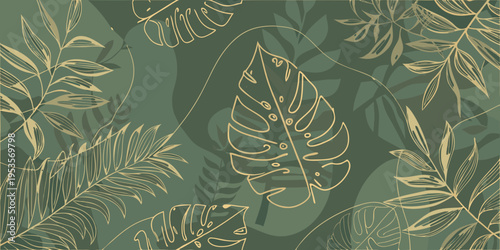 Elegant tropical leaves pattern with gold lines on a dark green background