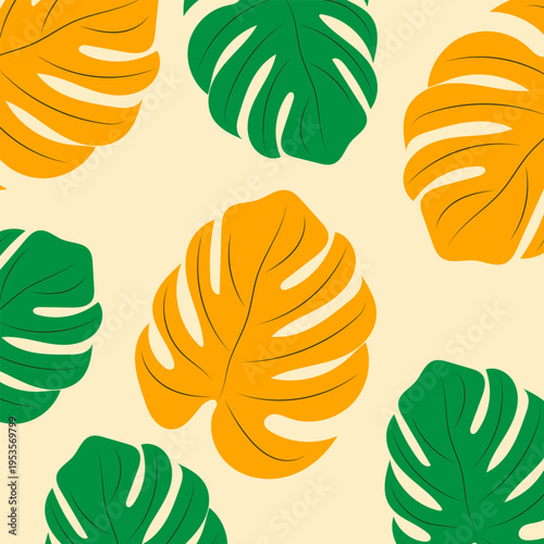 Background with monstera leaves on beige background.Vector illustration