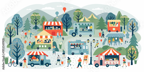 A vibrant outdoor food market scene with tents and happy people