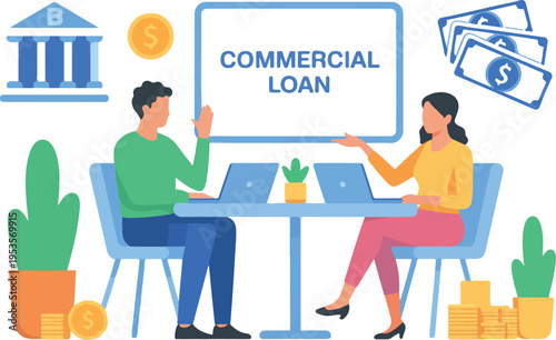 Business people sitting at office desk discussing commercial loan agreement with bank building and money icons flat vector illustration.