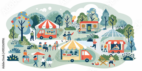 A bustling outdoor food market scene with people and colorful stands