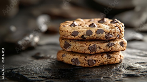 Close-up of a stack of chocolate chip cookies with a little crunch, highly focus, showing all detailed texture, no shadow, golden-brown texture, no background