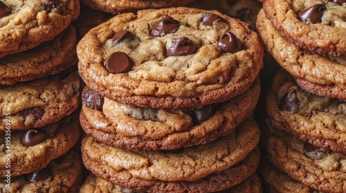 Close-up of a stack of chocolate chip cookies with a little crunch, highly focus, showing all detailed texture, no shadow, golden-brown texture, no background