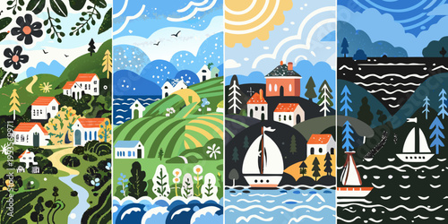 Four vibrant illustrated panels depict idyllic countryside and coastal scenes