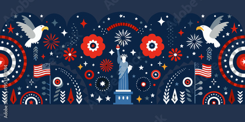 Festive illustration featuring the statue of liberty and patriotic american symbols