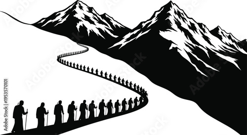 Black and White Silhouette Vector of a Long Line of People Hiking Up a Steep Snowy Mountain Trail - flavector